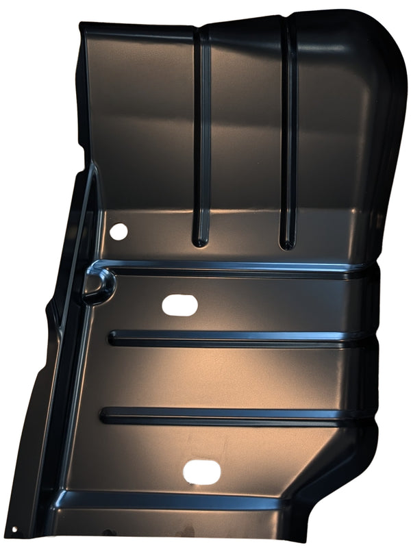 Black metal car floor panel on a white background. 2007-2018 Jeep JK Wrangler Factory Style Front Floor Pan, LH.
