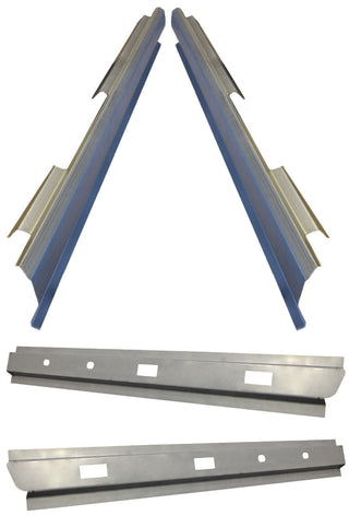Set of metal brackets on a white background. 2002-2007 Jeep Liberty Inner & Outer Rocker Panel Set.