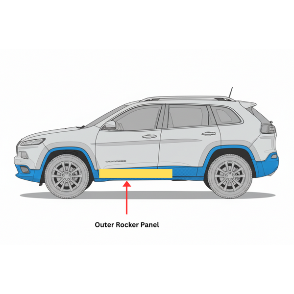 Diagram of a car side view with an outer rocker panel highlighted. 2014-2023 Jeep Cherokee Outer Rocker Panel, LH