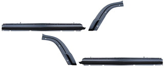 Set of black car side skirts on a white background. 1984-1990 Jeep Wagoneer Factory Style Rocker Panel & Dog Leg Kit
