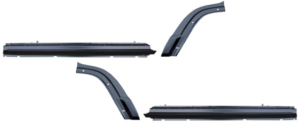 Set of black car side skirts on a white background. 1984-1990 Jeep Wagoneer Factory Style Rocker Panel & Dog Leg Kit