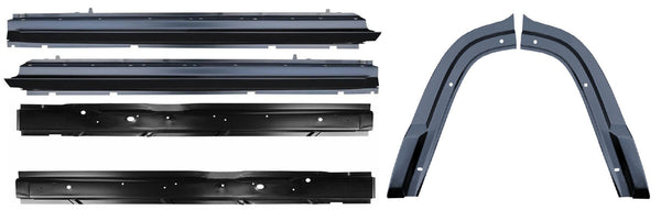 Set of metal vehicle components on a white background. Jeep Factory Style Outer, Inner Rocker Panel & Dog Leg Kit.