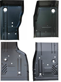 Four views of a black metal floor pan on a white background. 1984-2001 Jeep Cherokee Factory Style Floor Pan Set.