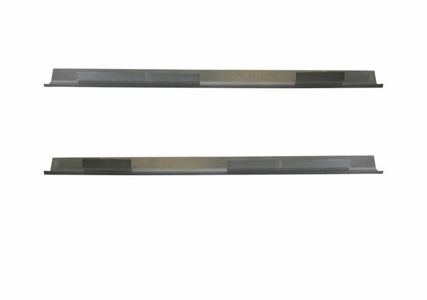 Two metal strips with a gradient color pattern on a white background. 1996-2004 Nissan Pathfinder 4 DR Outer Rocker Panel Pair.
