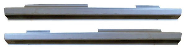 Two metal side steps on a white background. 1996-2004 Nissan Pathfinder 4 DR Outer Rocker Panel Pair.