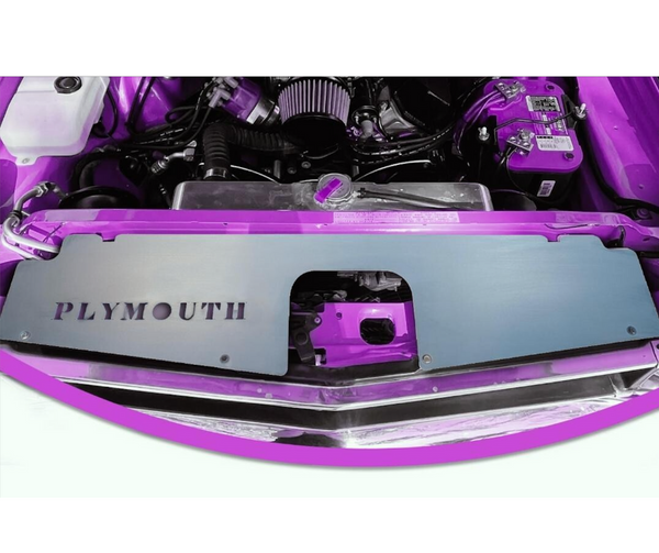 Close-up of a Plymouth engine bay with visible branding. 1969 Plymouth Satellite Radiator Support Show Panel w/Plymouth Cutout.