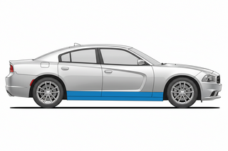 Side view of a silver car with a blue stripe on a white background. 2011-2023 Dodge Charger Outer Rocker Panel, RH