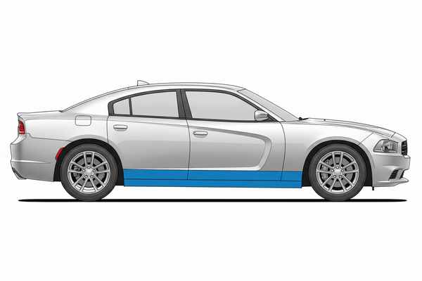 Side view of a silver car with a blue stripe on a white background. 2011-2023 Dodge Charger Outer Rocker Panel, RH