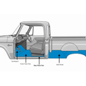 Diagram of a truck's interior with labeled parts on a white background. 1961-1971 Dodge Pickup Rear Floor Pan, LH