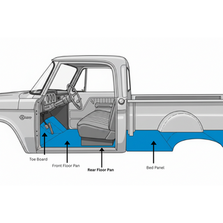 Diagram of a truck's interior with labeled parts on a white background. 1961-1971 Dodge Pickup Rear Floor Pan, LH