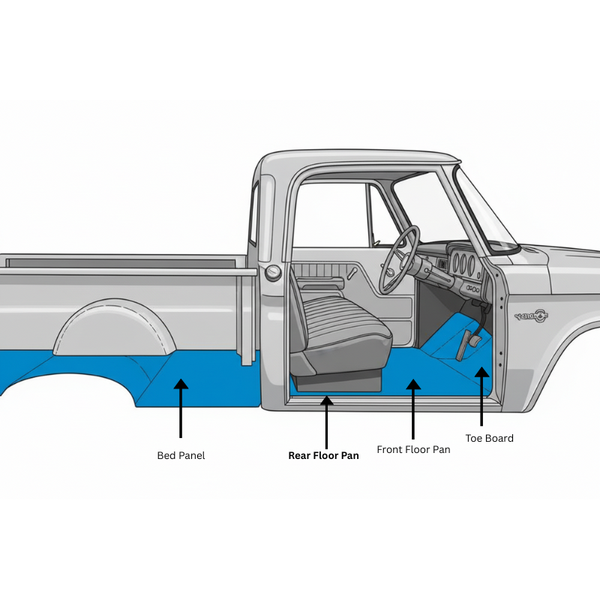 Diagram of a truck interior with labeled parts on a white background. 1961-1971 Dodge Pickup Rear Floor Pan, RH.