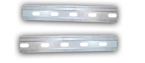 Two metal brackets on a white background. 2009-2018 Dodge Ram STD Cab Inner Rocker Panel Pair