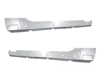 Two metal car bumper covers on a white background. 2009-2018 Dodge Ram Crew Cab Inner Rocker Panel Pair.