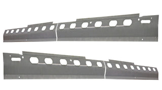 Two metal panels with cut-out holes on a white background. 2006-2009 Dodge Ram Mega Cab Truck Inner Rocker Panel Pair.