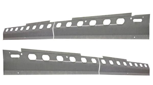 Two metal panels with cut-out holes on a white background. 2006-2009 Dodge Ram Mega Cab Truck Inner Rocker Panel Pair.