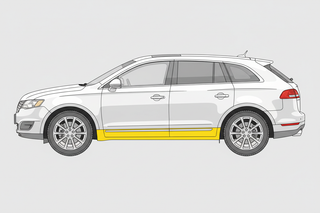 White SUV with a yellow line on a gray background. Diagram of 2010-2019 Lincoln MKT Outer Rocker Panel, LH.