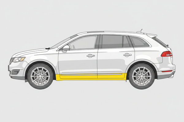 White SUV with a yellow line on a gray background. Diagram of 2010-2019 Lincoln MKT Outer Rocker Panel, LH.