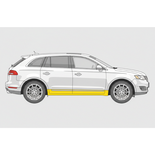 Side view of a white car with a yellow stripe on a gray background. 2010-2019 Lincoln MKT Outer Rocker Panel, RH