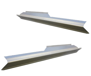 Two metal rocker panels on a white background. 1997-2003 Ford F-150 4dr Extended Cab Outer Rocker Panel Pair.
