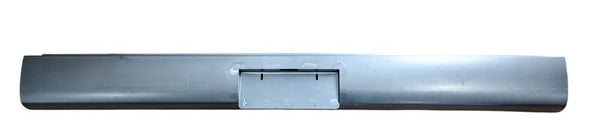 Silver rectangular object with a central cutout on a white background. 1980-1986 Ford Bronco Steel Roll Pan w/License Plate Center.