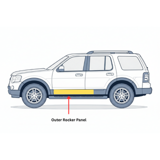 Illustration of a white SUV with highlighted outer rocker panel on a white background. 2006-2010 Mercury Mariner Outer Rocker Panel, LH
