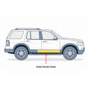 Illustration of a car side view with an outer rocker panel highlighted. 2006-2010 Ford Explorer Outer Rocker Panel, RH