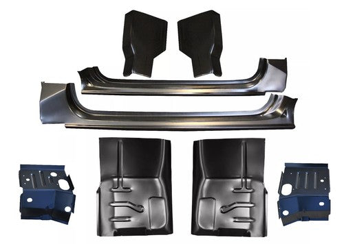 Set of car body panels and components on a white background. Outer Rocker Panel Cab Corner Floor Pan & Mounts