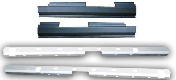 Set of metal car side skirts on a white background. 2001-2005 Ford Explorer Sport Trac Inner & Outer Rocker Panels Kit