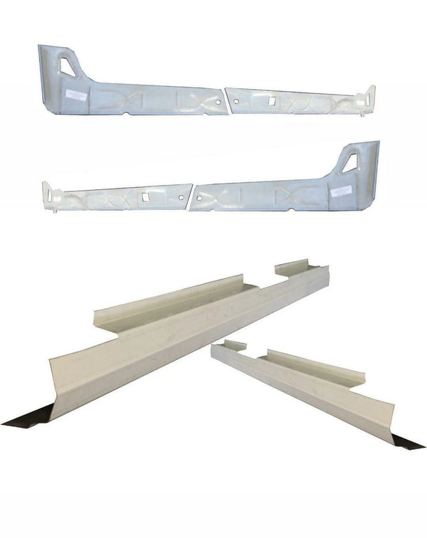 Metal brackets and components on a white background. 2007-2013 Cadillac Escalade 4DR Inner & Outer Rocker Panels Kit