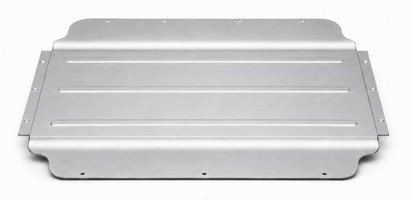 Metallic car undercarriage guard on a white background. 2016-2024 Chevy Camaro Trunk Pan Delete Panel