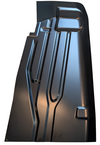 Metallic car door panel with cutouts on a white background. 1981-1988 Oldsmobile Calais Factory Style Front Floor Pan Section, LH