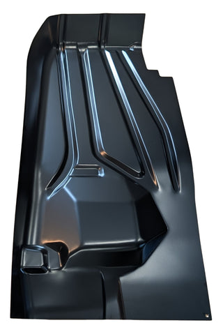 Black metal car floor pan on a white background. 1978-1981 Pontiac LeMans Factory Style Front Floor Pan Section, RH