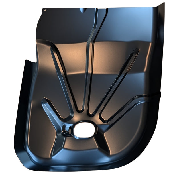 Black car hood with a prominent V-shaped design on a white background. 1978-1981 Pontiac LeMans Factory Style Rear Floor Pan Section, LH