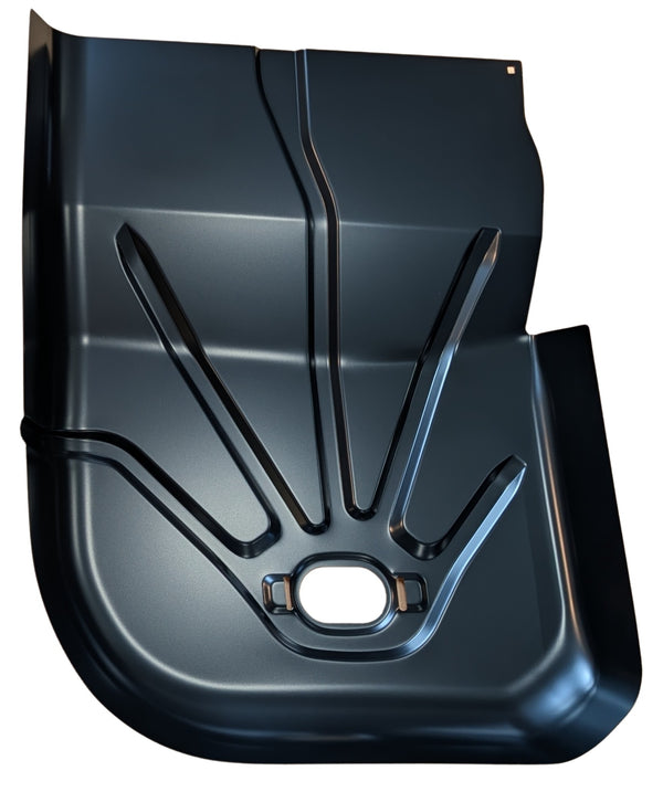 Black metal floor pan on a white background. 1978-1981 Pontiac LeMans Factory Style Rear Floor Pan Section, RH.