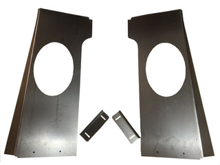 Two metal brackets with oval holes on a white background. 1955-1959 GMC Pickup Truck Big Window Cab Corner 6x9 Speaker Set.