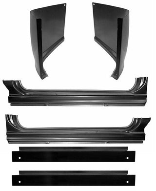 Set of black metal car body panels on a white background. 1960-1966 Inner & Outer Rocker Panel & Cab Corner.