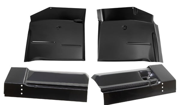 Set of black metal car floor pans on a white background. 1960-1966 Pickup Front & Rear Cab Floor Pan Sections.