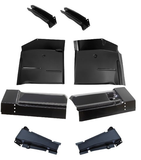 Set of black metal vehicle components on a white background. Front & Rear Cab Floor Pan Front & Rear Mount Set.