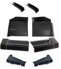 Set of black metal vehicle components on a white background. Front & Rear Cab Floor Pan Front & Rear Mount Set.