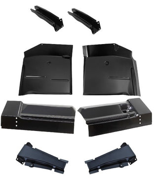 Set of black metal vehicle components on a white background. Front & Rear Cab Floor Pan Front & Rear Mount Set.