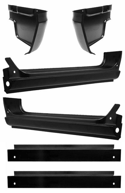 Set of black metal vehicle parts on a white background. 1967-1972 Chevy C/K Pickup Truck Outer & Inner Rocker Panel &amp; Cab Corner Kit.