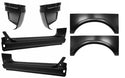 Set of black car body panels on a white background. 1967-72 Pickup Truck Outer Rocker Panel, Cab Corner & Wheel Arch.
