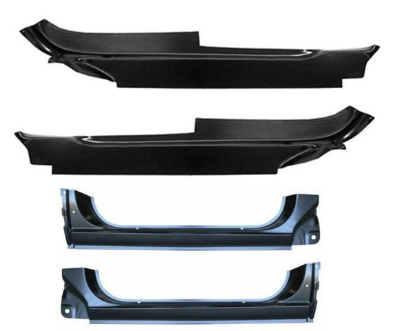 Set of black car body panels on a white background. Outer Rocker Panels & Outer Floor Pan Sections.