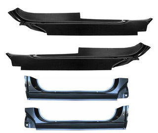 Set of black car body panels on a white background. Outer Rocker Panels & Outer Floor Pan Sections.