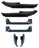 Set of black car body panels on a white background. 1973-1987 Chevy C/K Outer Rocker Panel & Cab Corner & Outer Floor Pan.