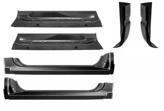 Set of black car door panels and side panels on a white background. 1988-1998 C/K Pickup Truck 2dr Rocker Panels & Cab Corner Kit.