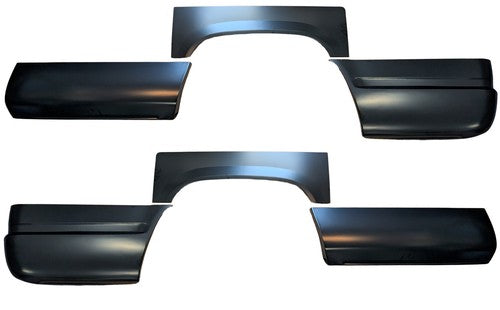 Set of black car fender flares on a white background. 1988-1998 C/K Pickup Truck Bedside Front & Rear & Wheel Arch Section.