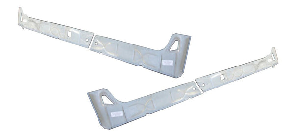 Two white metal brackets on a white background.  1999-2007 GMC Sierra 4DR Crew Cab Inner Rocker Panel Pair