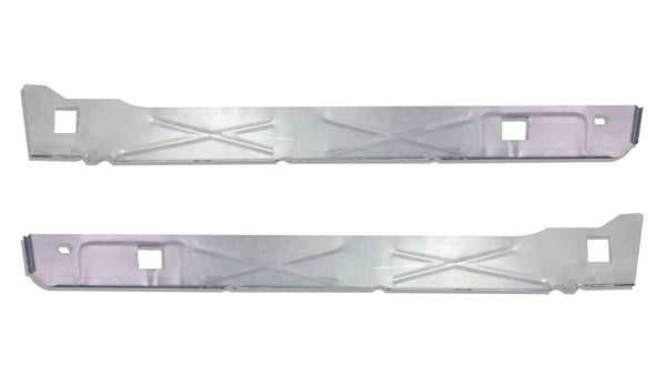 Two metal brackets on a white background. 2007-2015 GMC Sierra Ext Cab Inner Rocker Panel Pair