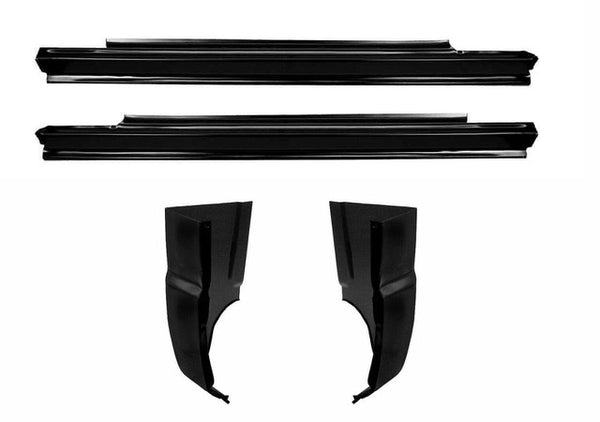 Set of black car body panels on a white background. 1982-1993 Standard 2dr Outer Rocker Panel Cab Corner Kit.